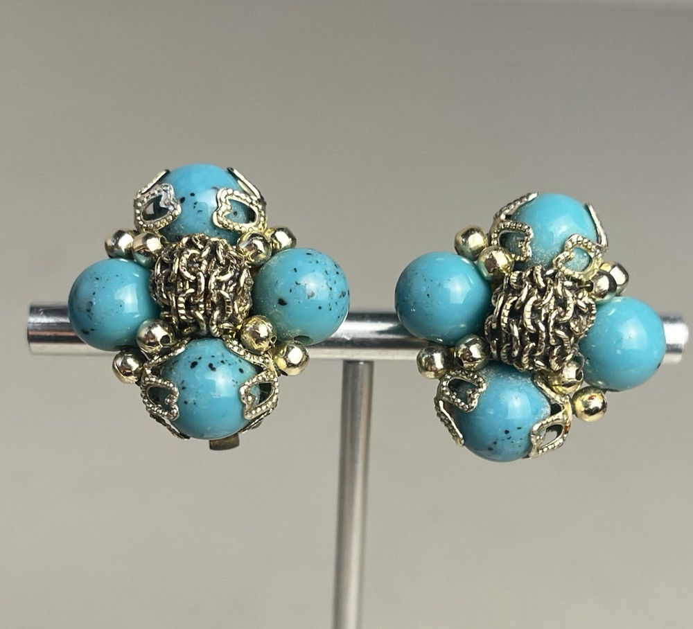 Faux Turquoise Cluster Japan Clip On Earrings Silver Tone Filigree Vintage Boho